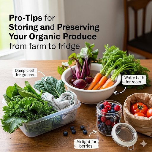 A stylized image showing a variety of fresh organic produce, neatly stored and organized in a refrigerator, with reusable containers and proper storage solutions visible.
